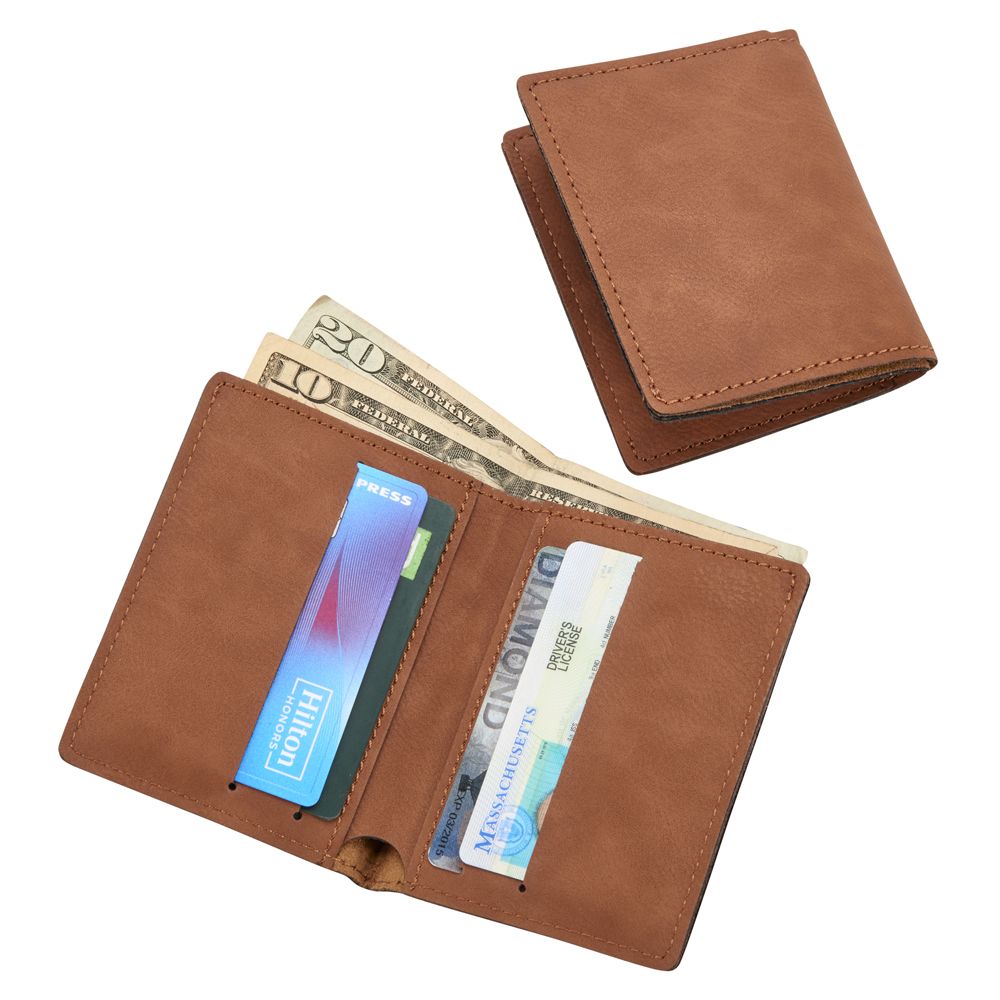 Caramel leatherette wallet with six card slots, elegantly gift boxed.