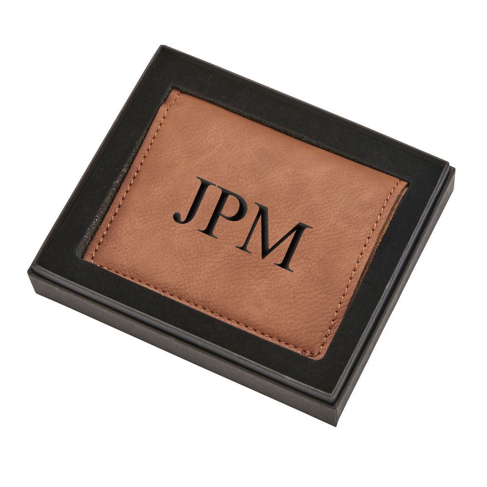 Caramel leatherette wallet with six card slots, elegantly gift boxed.