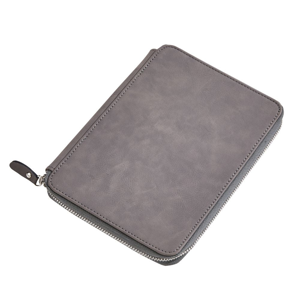 Grey leatherette zippered case with lined paper and card slots, elegantly designed for organization.