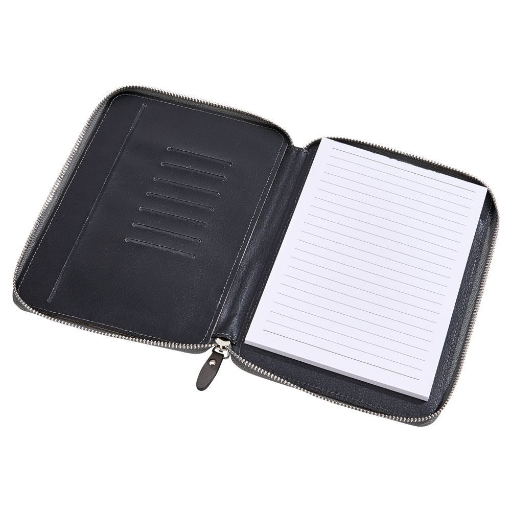 Grey leatherette zippered case with lined paper and card slots, elegantly designed for organization.