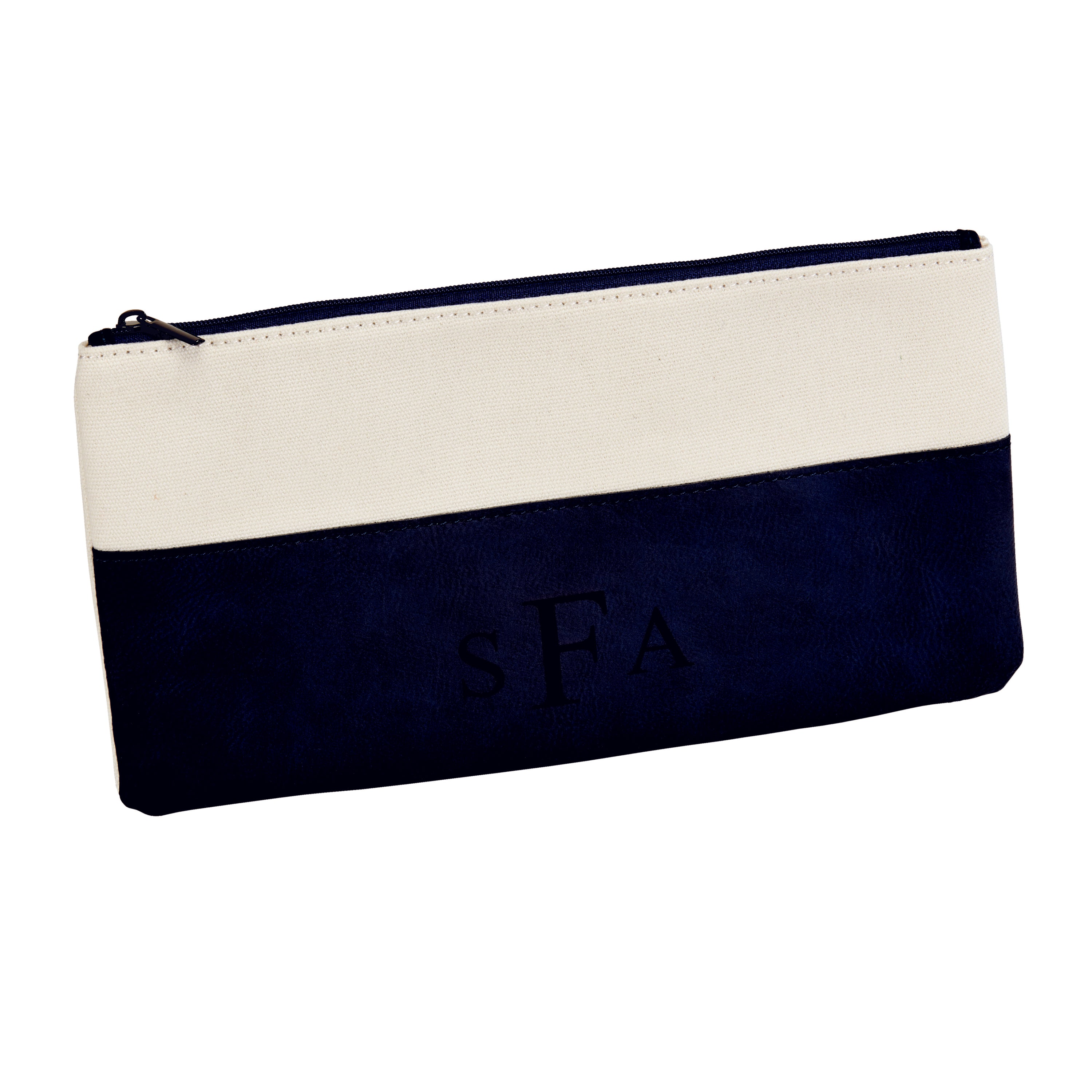 A stylish black zippered pouch made of leatherette and canvas, perfect for cosmetics and travel essentials.