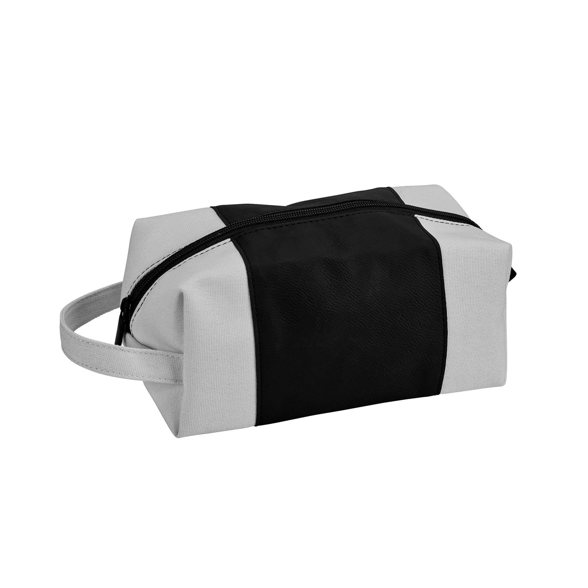 Leatherette and canvas black travel kit with zipper closure and handle, perfect for organizing toiletries.