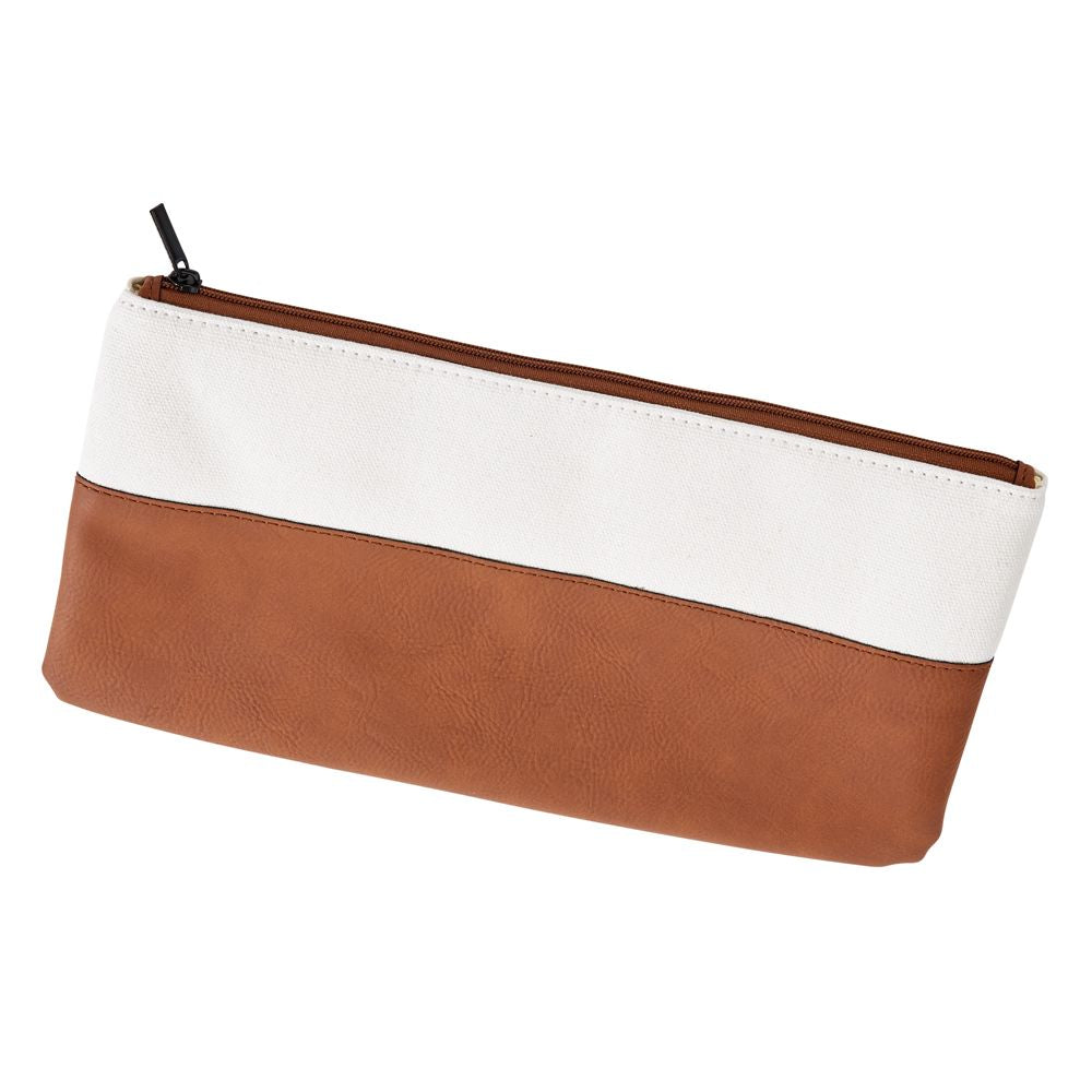 Leatherette and canvas caramel zippered pouch, perfect for cosmetics and travel essentials, featuring a stylish design and durable materials.