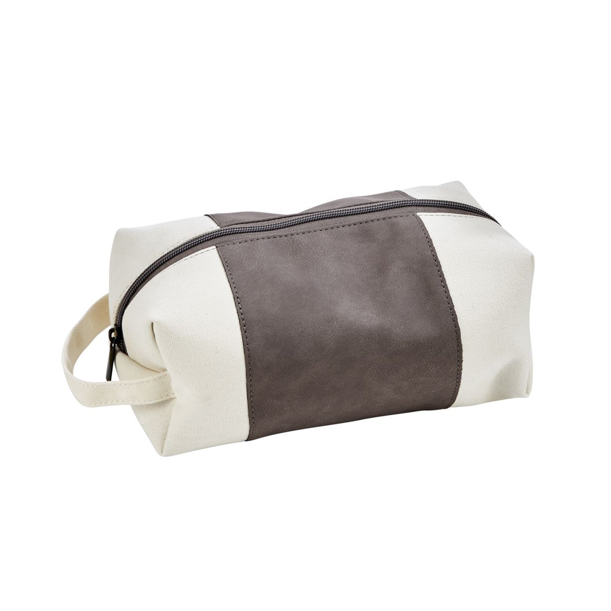 Leatherette and canvas grey travel kit with zipper closure and handle, ideal for organizing toiletries.