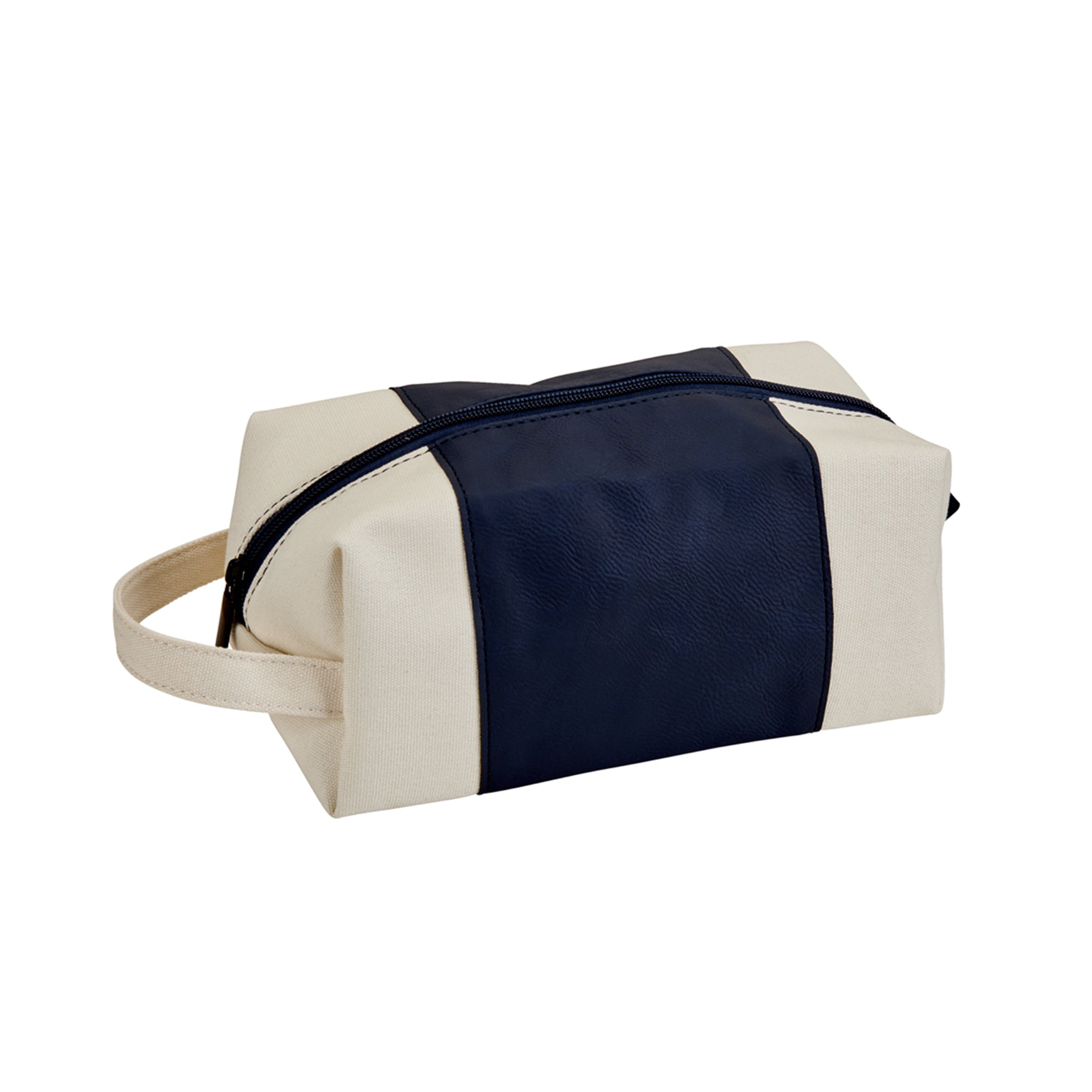 Leatherette and canvas navy travel kit with zipper closure and handle, ideal for organizing toiletries.