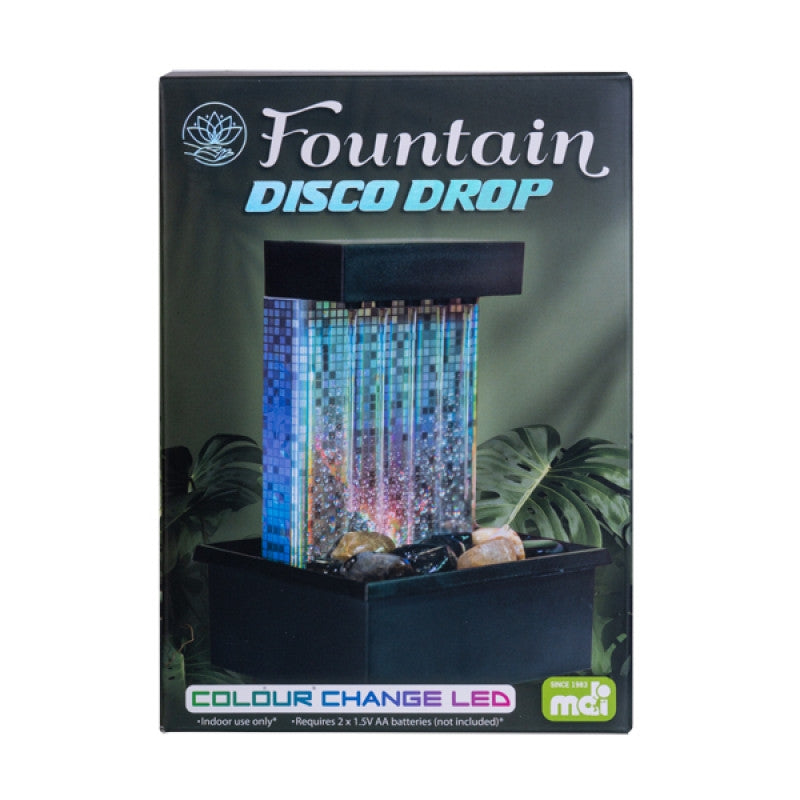 LED Disco Back Drop Water Feature Fountain with color-changing lights and natural river rocks, perfect for home or office decor.