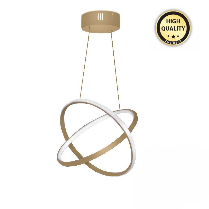 LED Hanging Lamp MARS in matte gold finish, showcasing its elegant design and dimensions of 25x25x70 cm.