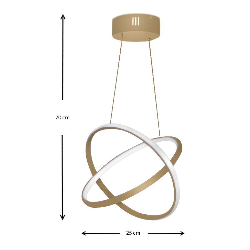 LED Hanging Lamp MARS in matte gold finish, showcasing its elegant design and dimensions of 25x25x70 cm.