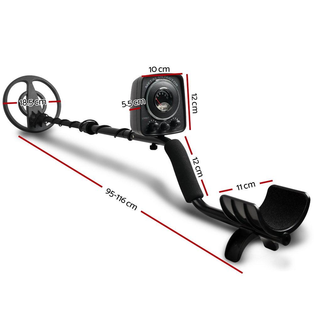 LED Metal Detector with Headphones in black, featuring a waterproof search coil and adjustable shaft for comfortable use.