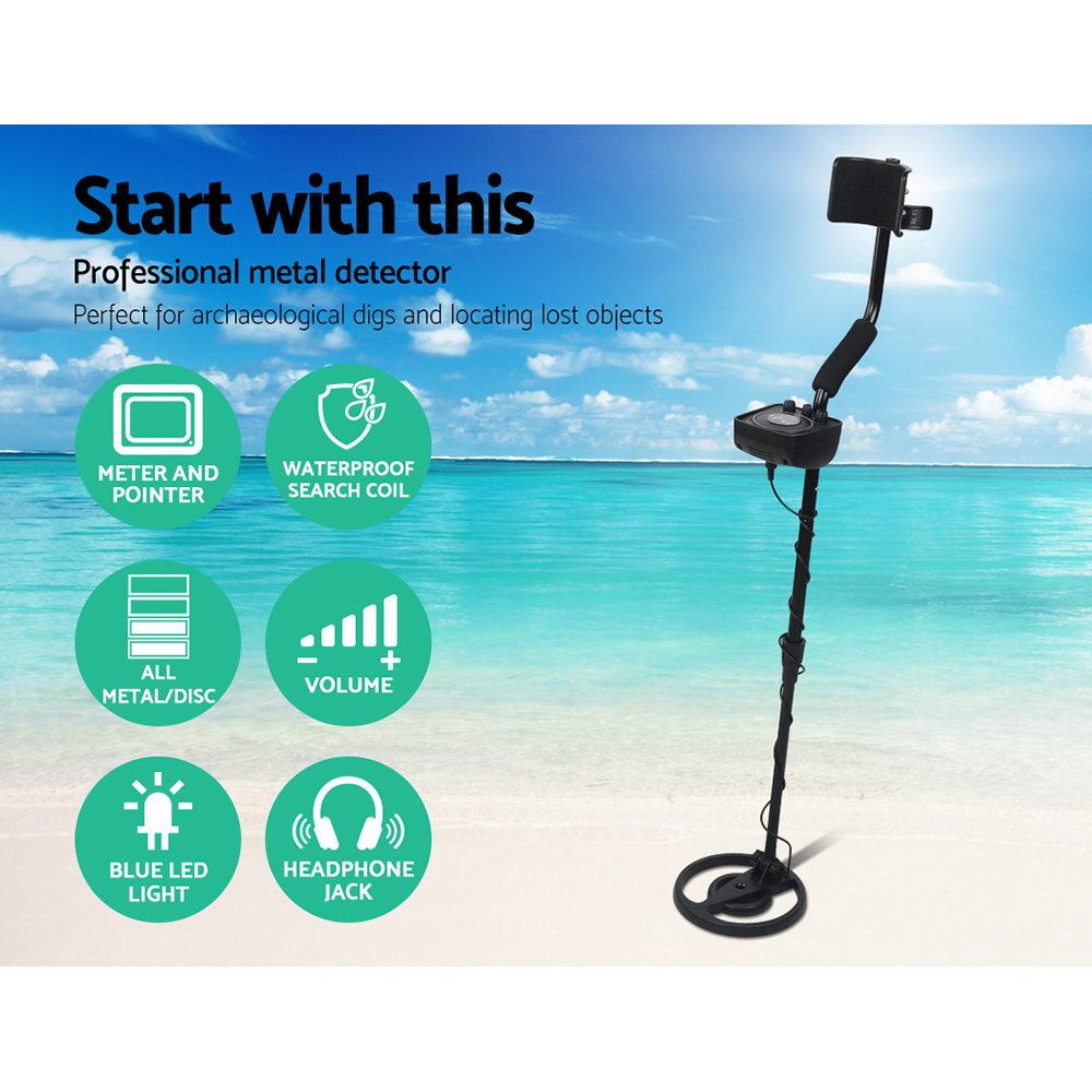 LED Metal Detector with Headphones in black, featuring a waterproof search coil and adjustable shaft for comfortable use.