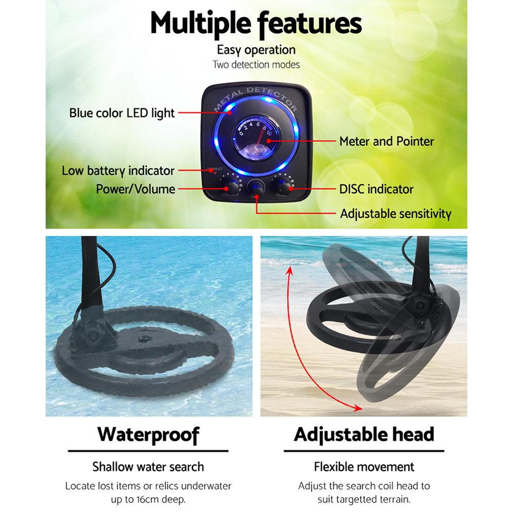 LED Metal Detector with Headphones in black, featuring a waterproof search coil and adjustable shaft for comfortable use.