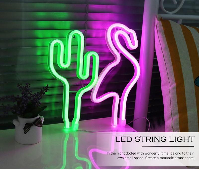 LED Neon Sign Night Lights featuring unique cactus and flamingo designs, emitting soft green and pink light, perfect for home decor.