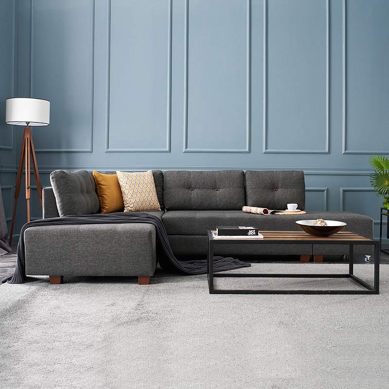 EMILLE Left Corner Sofa in Anthracite, showcasing its spacious design and modern fabric upholstery.