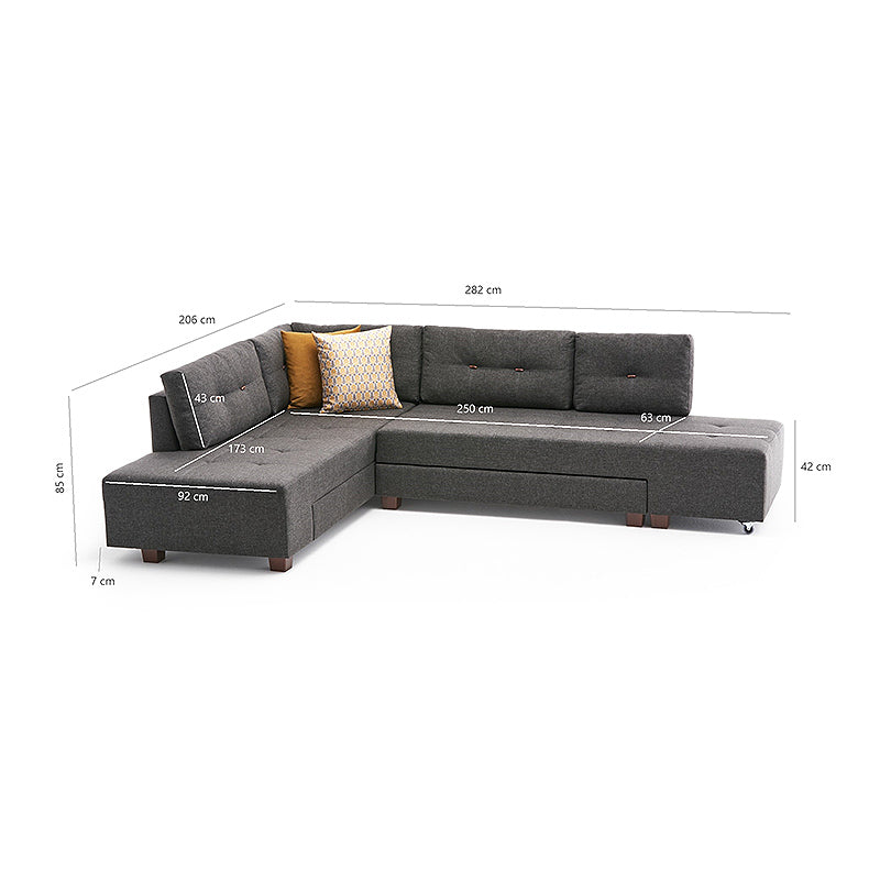 EMILLE Left Corner Sofa in Anthracite, showcasing its spacious design and modern fabric upholstery.