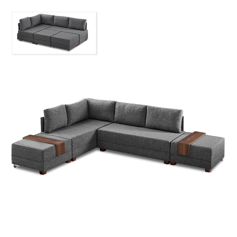 ANDRE Left Corner Sofa/Bed in Charcoal, featuring a modern design with removable trays and stools.