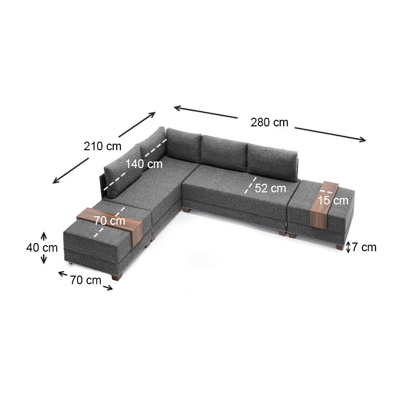 ANDRE Left Corner Sofa/Bed in Charcoal, featuring a modern design with removable trays and stools.