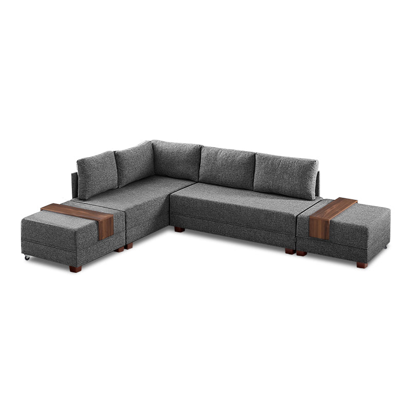 ANDRE Left Corner Sofa/Bed in Charcoal, featuring a modern design with removable trays and stools.