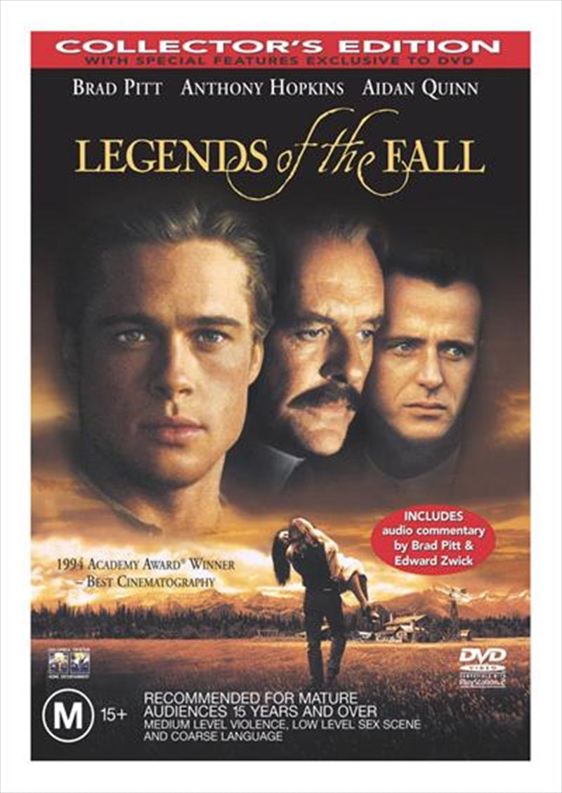 Legends Of The Fall DVD cover featuring Brad Pitt, Anthony Hopkins, and Julia Ormond in a dramatic scene.