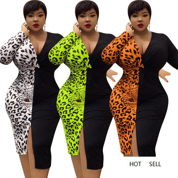 Leopard Patchwork Sexy Women's Dress featuring V-neck, long sleeves, and a bodycon fit, perfect for autumn casual wear.