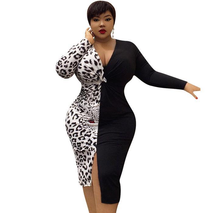 Leopard Patchwork Sexy Women's Dress featuring V-neck, long sleeves, and a bodycon fit, perfect for autumn casual wear.