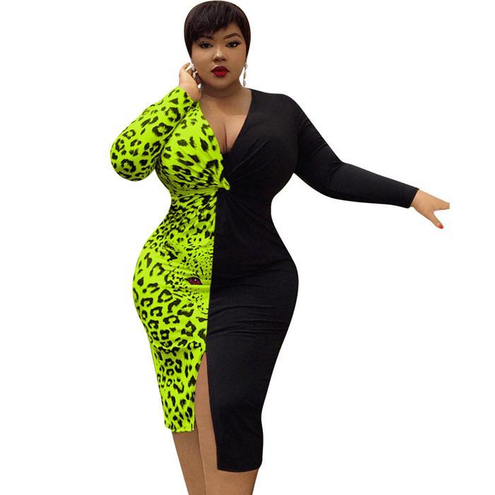 Leopard Patchwork Sexy Women's Dress featuring V-neck, long sleeves, and a bodycon fit, perfect for autumn casual wear.