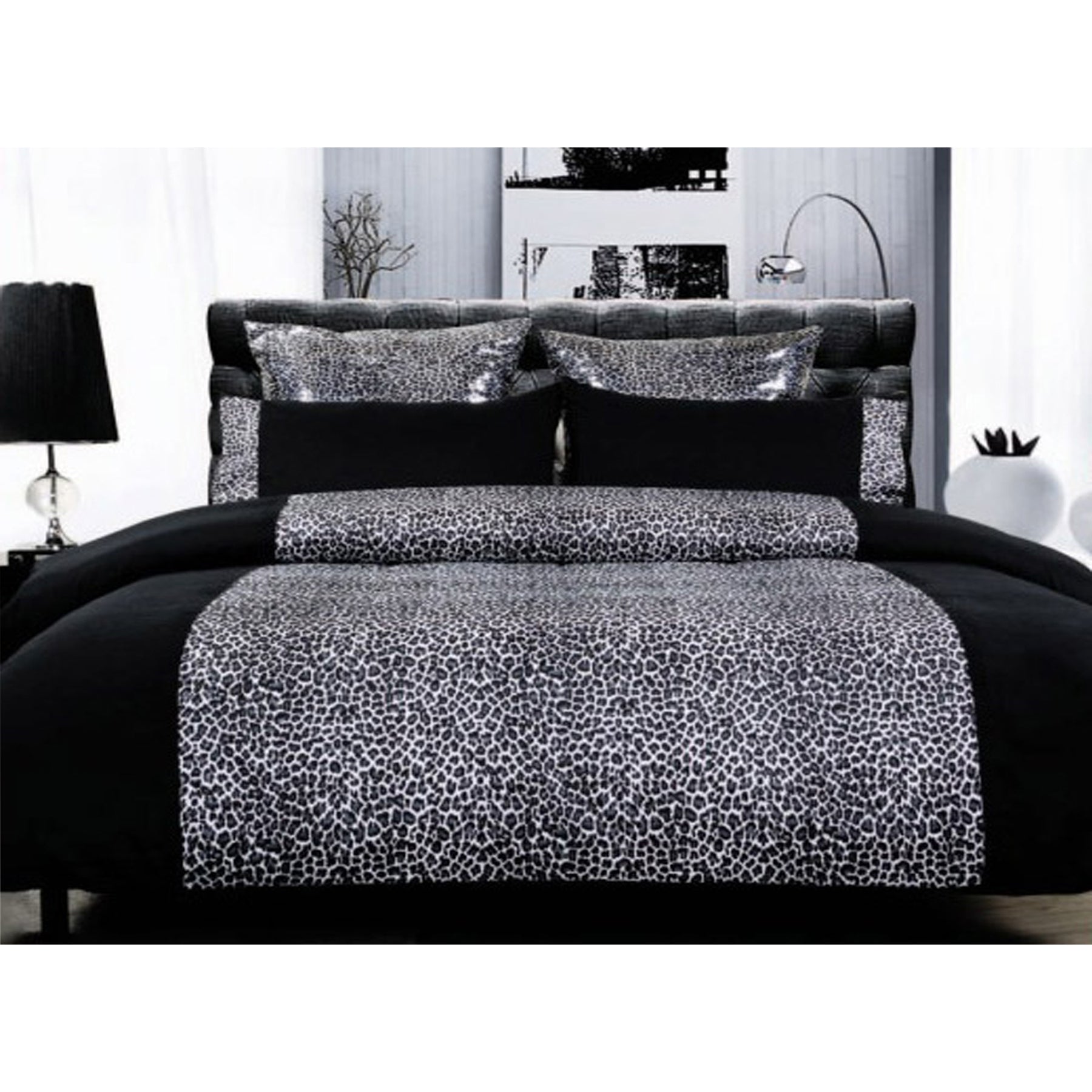 Leopard Quilt Cover Set in Black featuring animal skin print design on soft polyester fabric, perfect for super king beds.