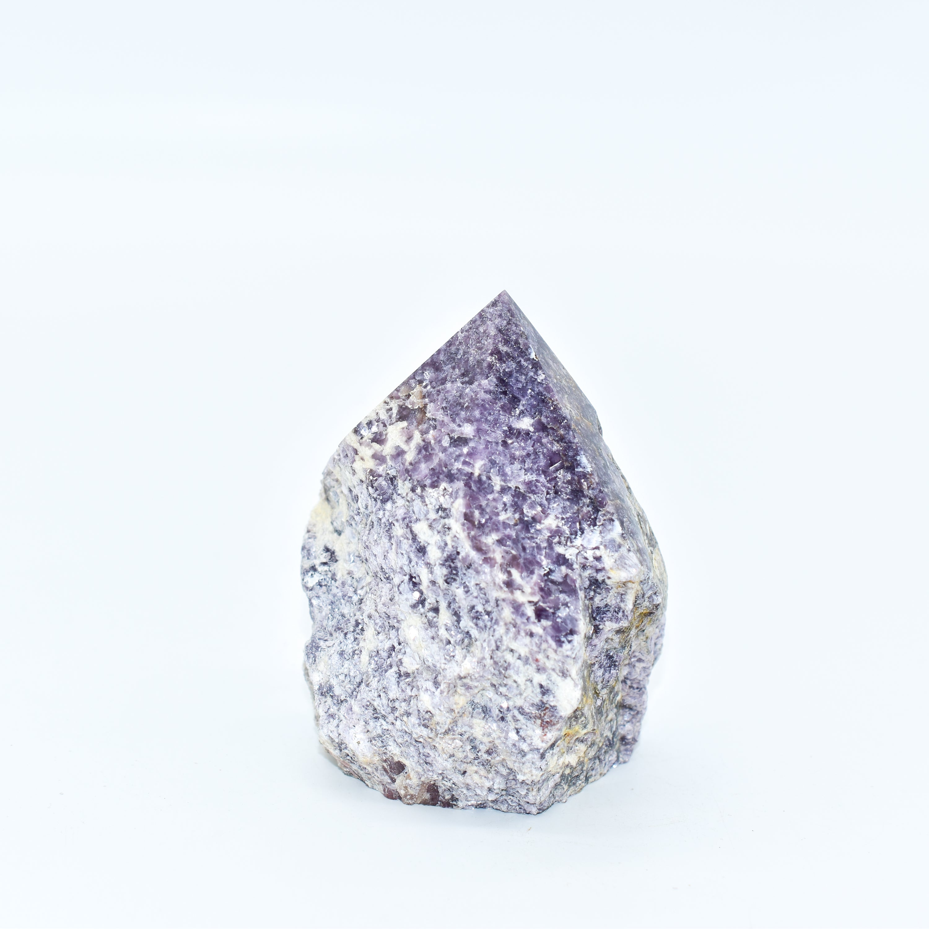 Lepidolite Power Points showcasing a partially polished top and rough bottom, measuring 3-4 inches tall, with a beautiful purple hue.