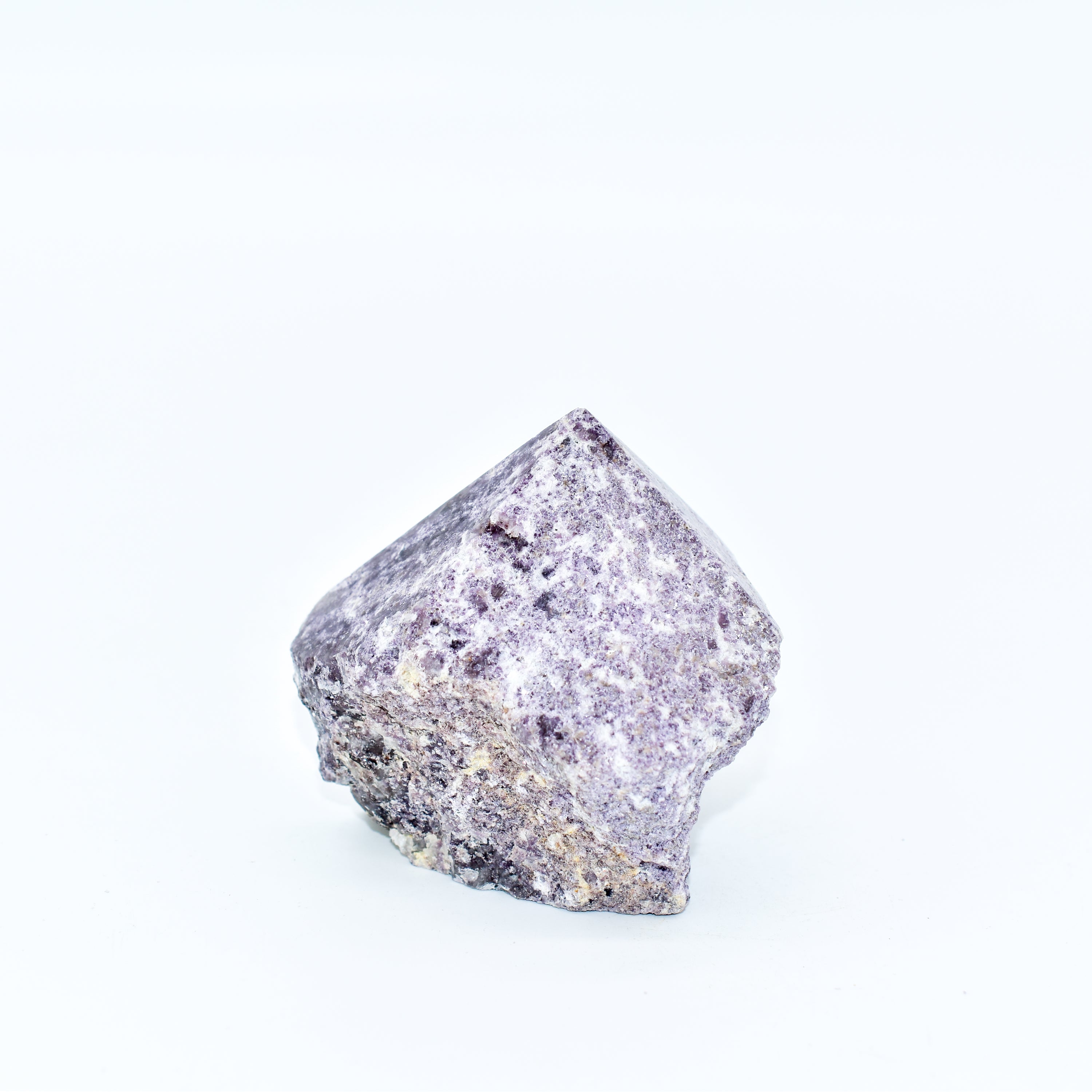 Lepidolite Power Points showcasing a partially polished top and rough bottom, measuring 3-4 inches tall, with a beautiful purple hue.