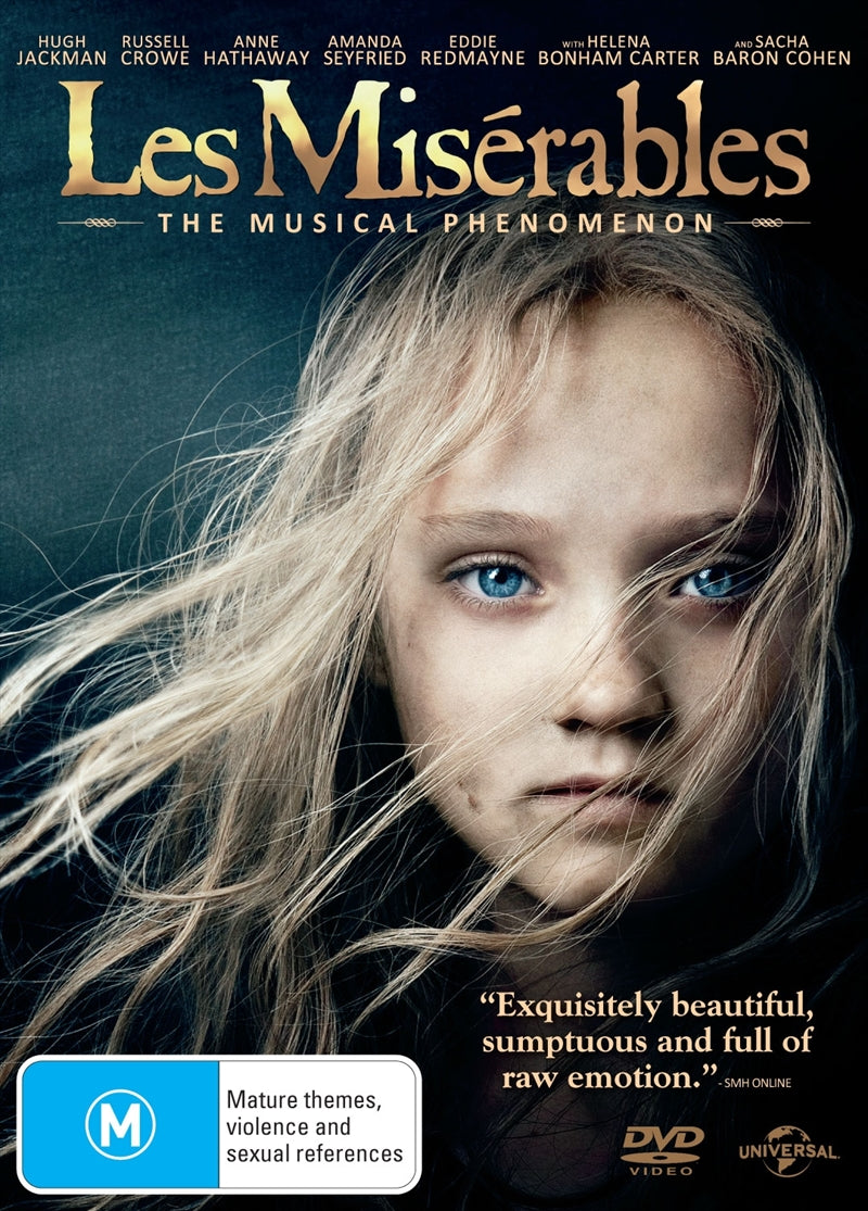 Les Miserables (2012) DVD cover featuring Hugh Jackman, Anne Hathaway, and Russell Crowe in a dramatic scene.