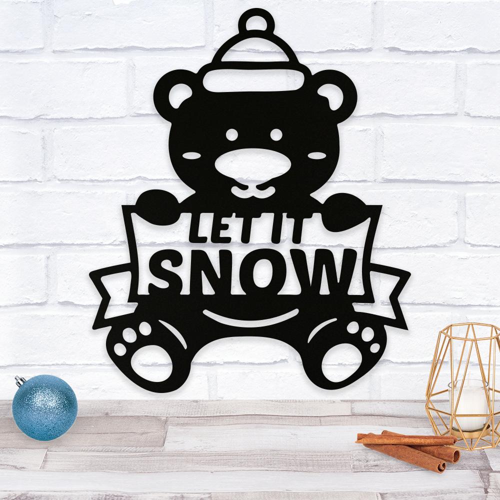 Let It Snow Bear metal wall art featuring a charming bear design, crafted from durable steel with a powder-coated finish.