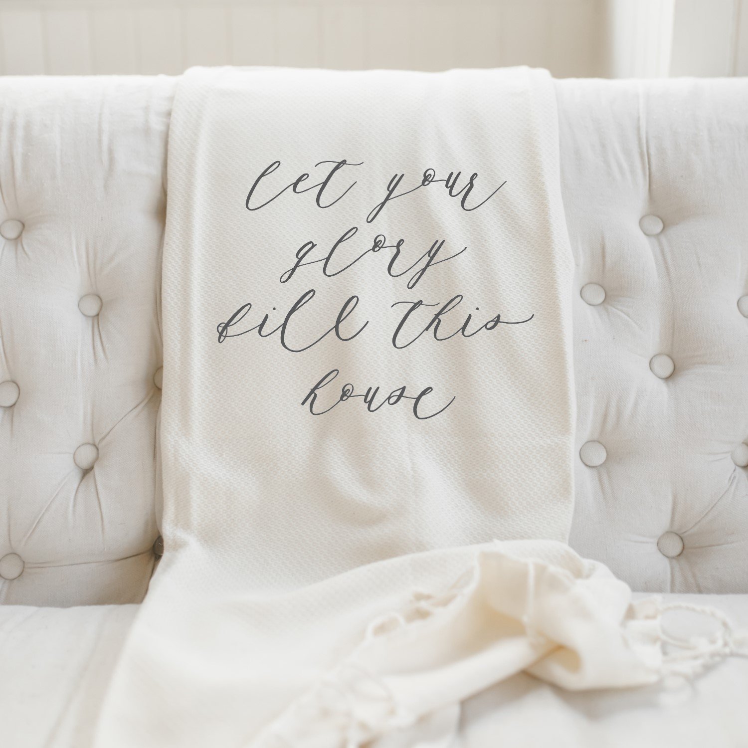 Let Your Glory Fill This House Throw Blanket made from 100% organic cotton, featuring a centered design, lightweight and unbleached, perfect for cozy decor.