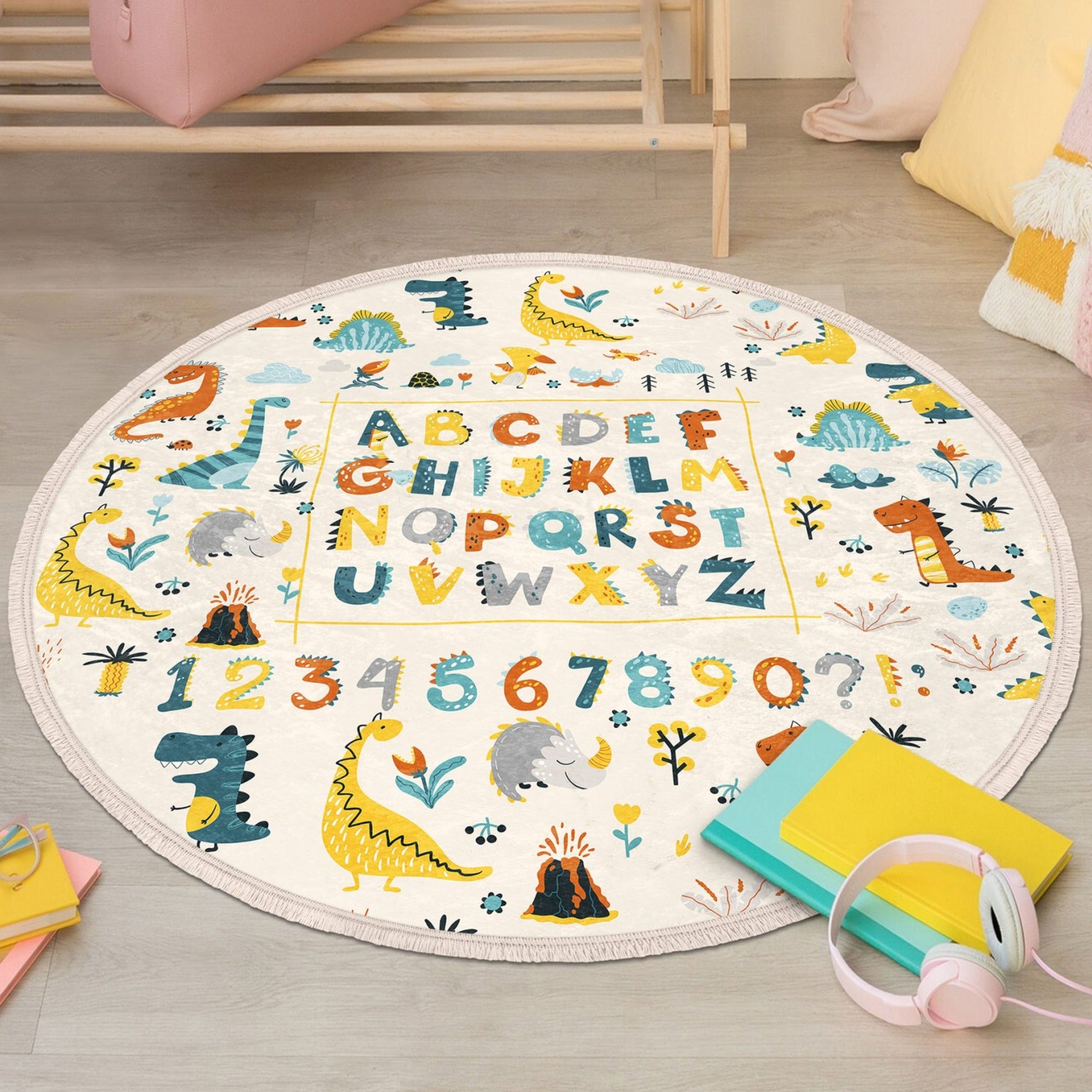 Colorful round rug featuring dinosaurs, letters, and numbers, perfect for kids' rooms and play areas.