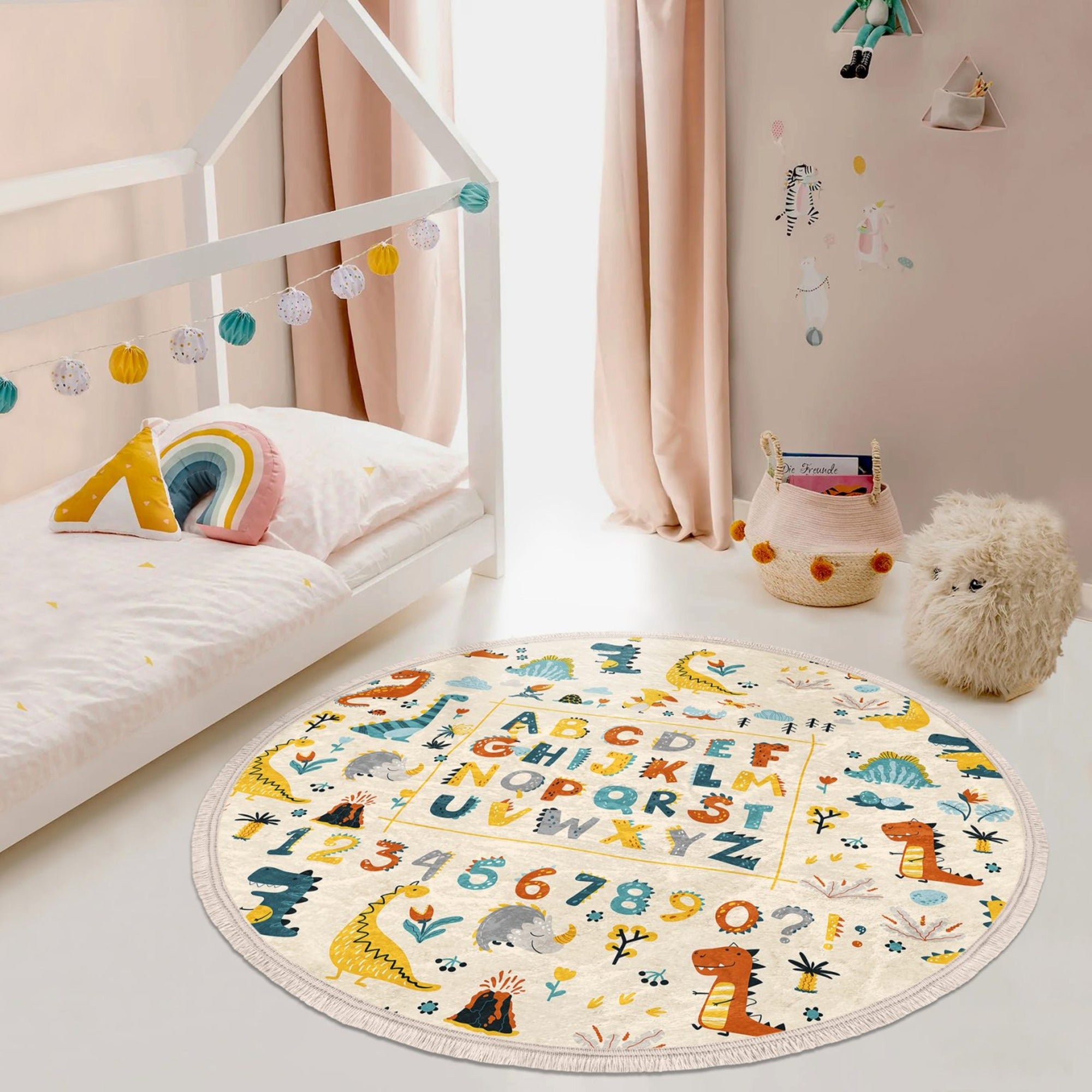 Colorful round rug featuring dinosaurs, letters, and numbers, perfect for kids' rooms and play areas.