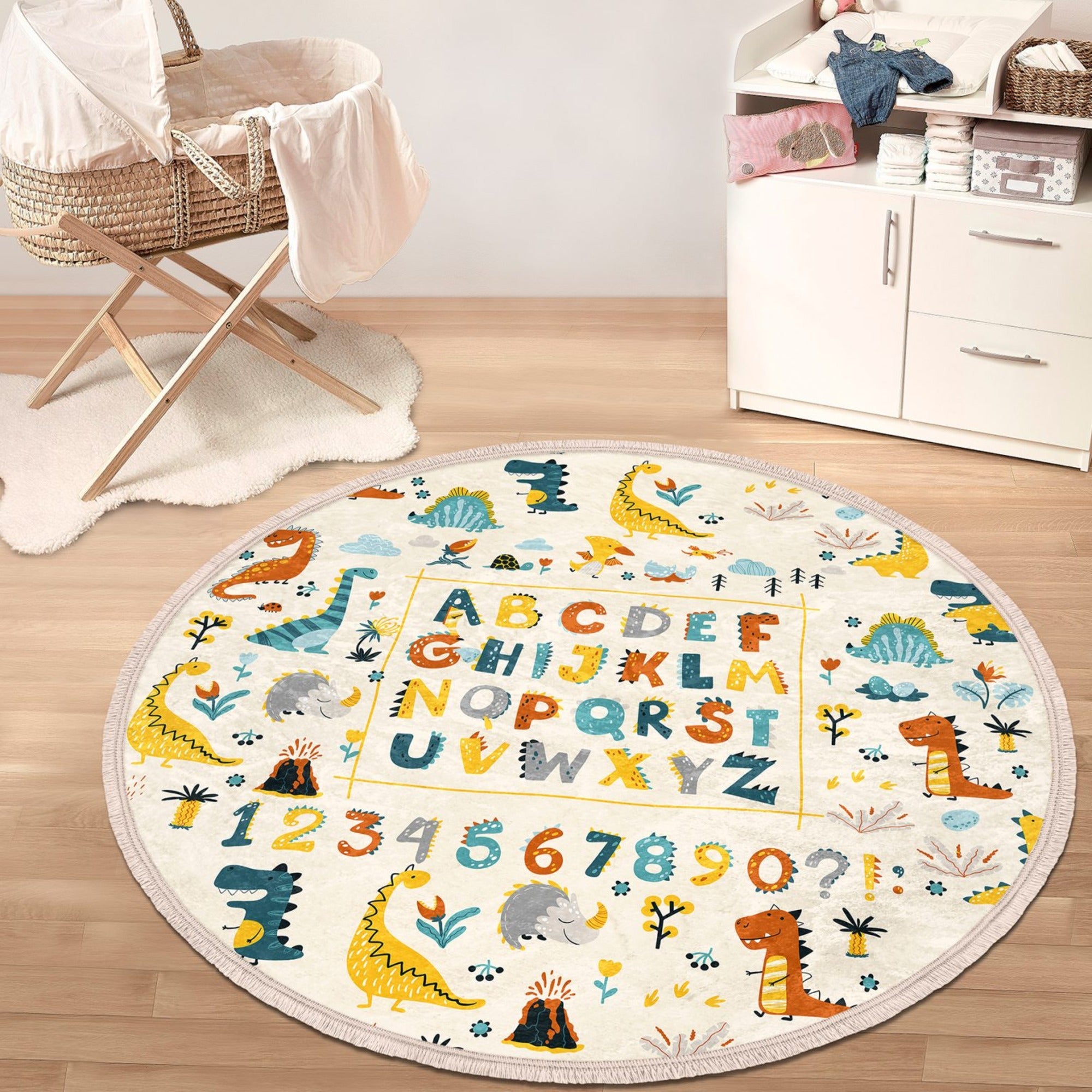 Colorful round rug featuring dinosaurs, letters, and numbers, perfect for kids' rooms and play areas.