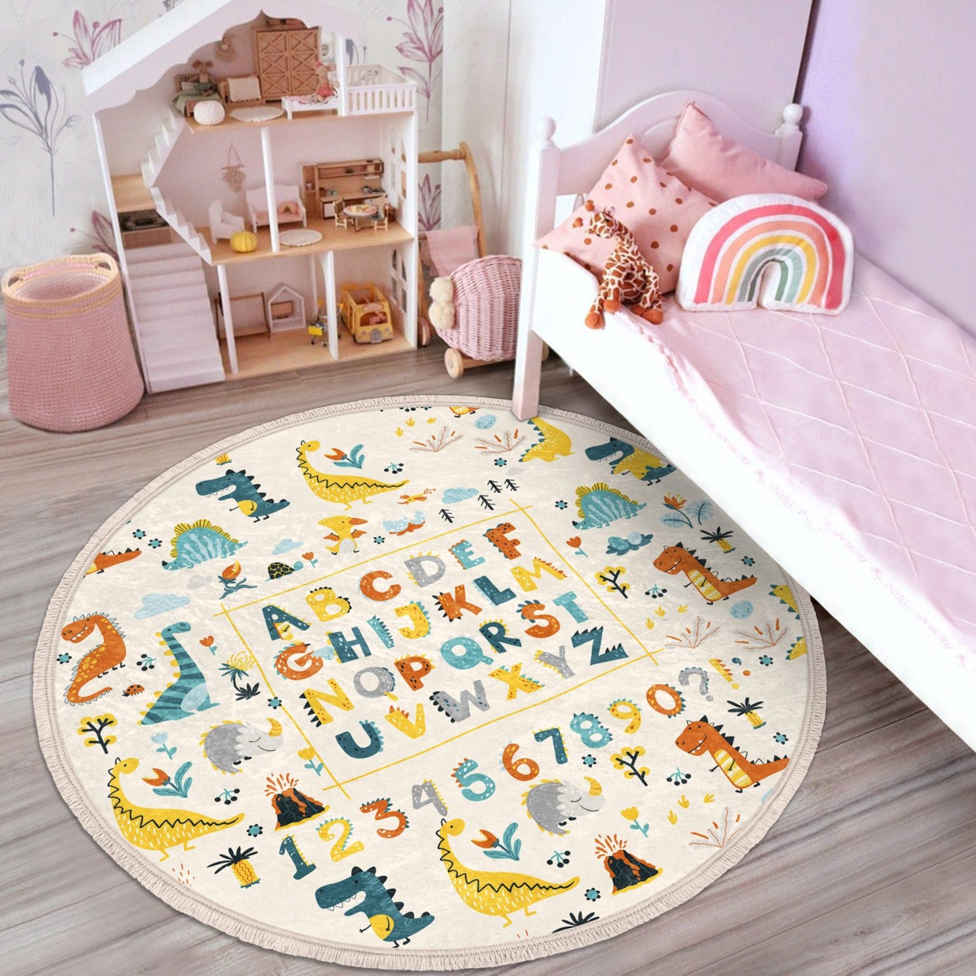 Colorful round rug featuring dinosaurs, letters, and numbers, perfect for kids' rooms and play areas.