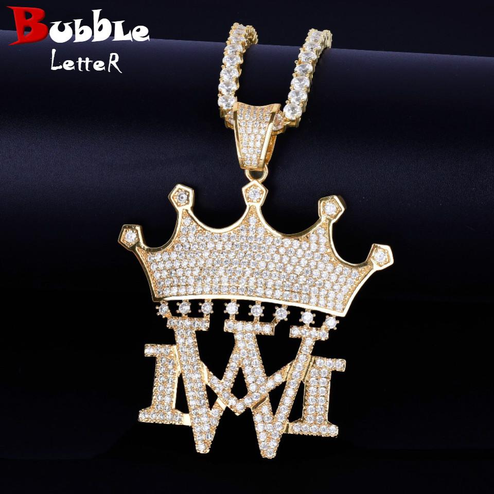 Stylish Letters with Crown NeckJace Jewelry pendant in gold color, featuring cubic zirconia stones, perfect for hip hop fashion.