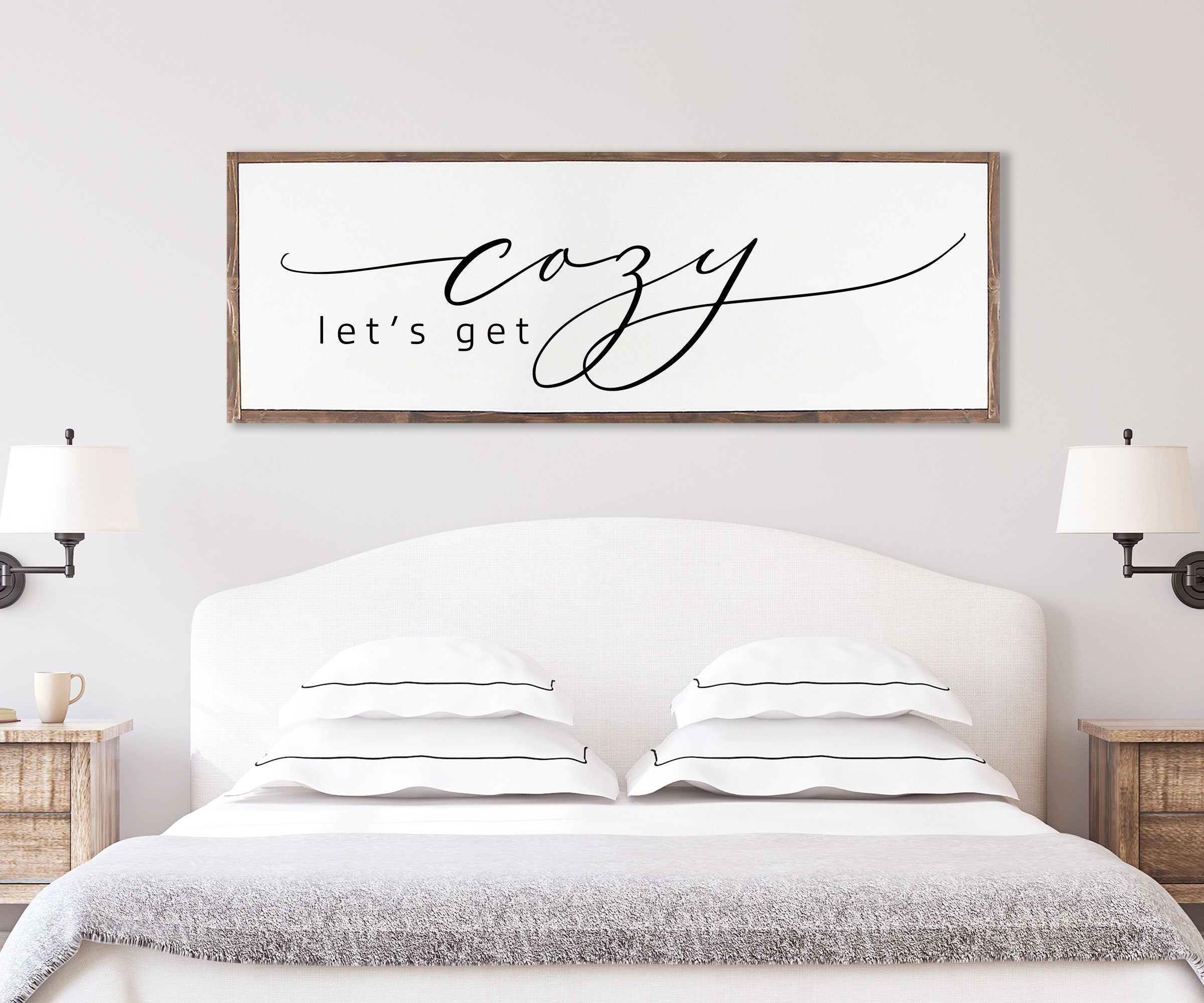 Rustic handmade wood sign featuring the phrase 'Let's Get Cozy', framed and stained in customizable colors, showcasing unique wood grain.