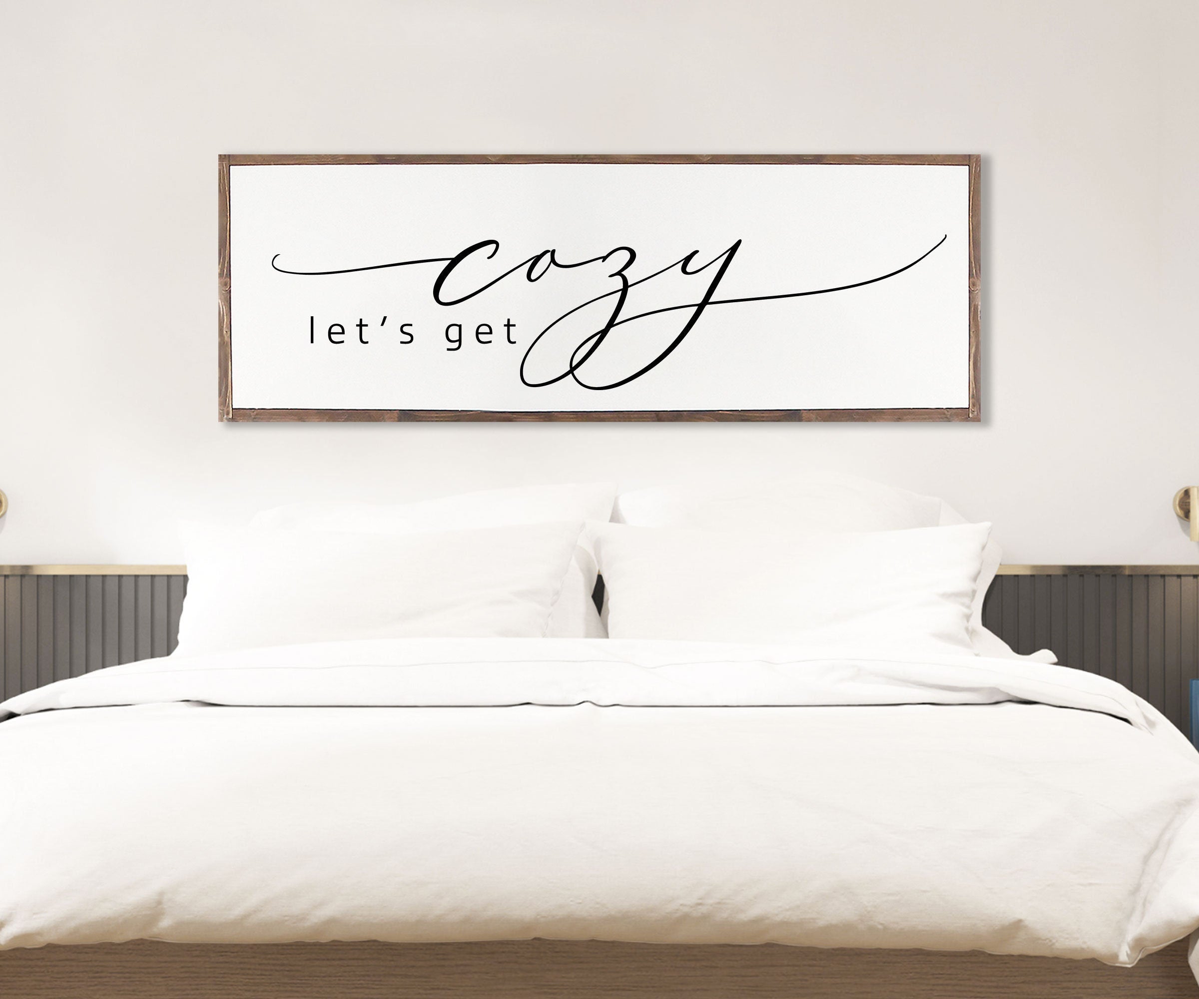 Rustic handmade wood sign featuring the phrase 'Let's Get Cozy', framed and stained in customizable colors, showcasing unique wood grain.