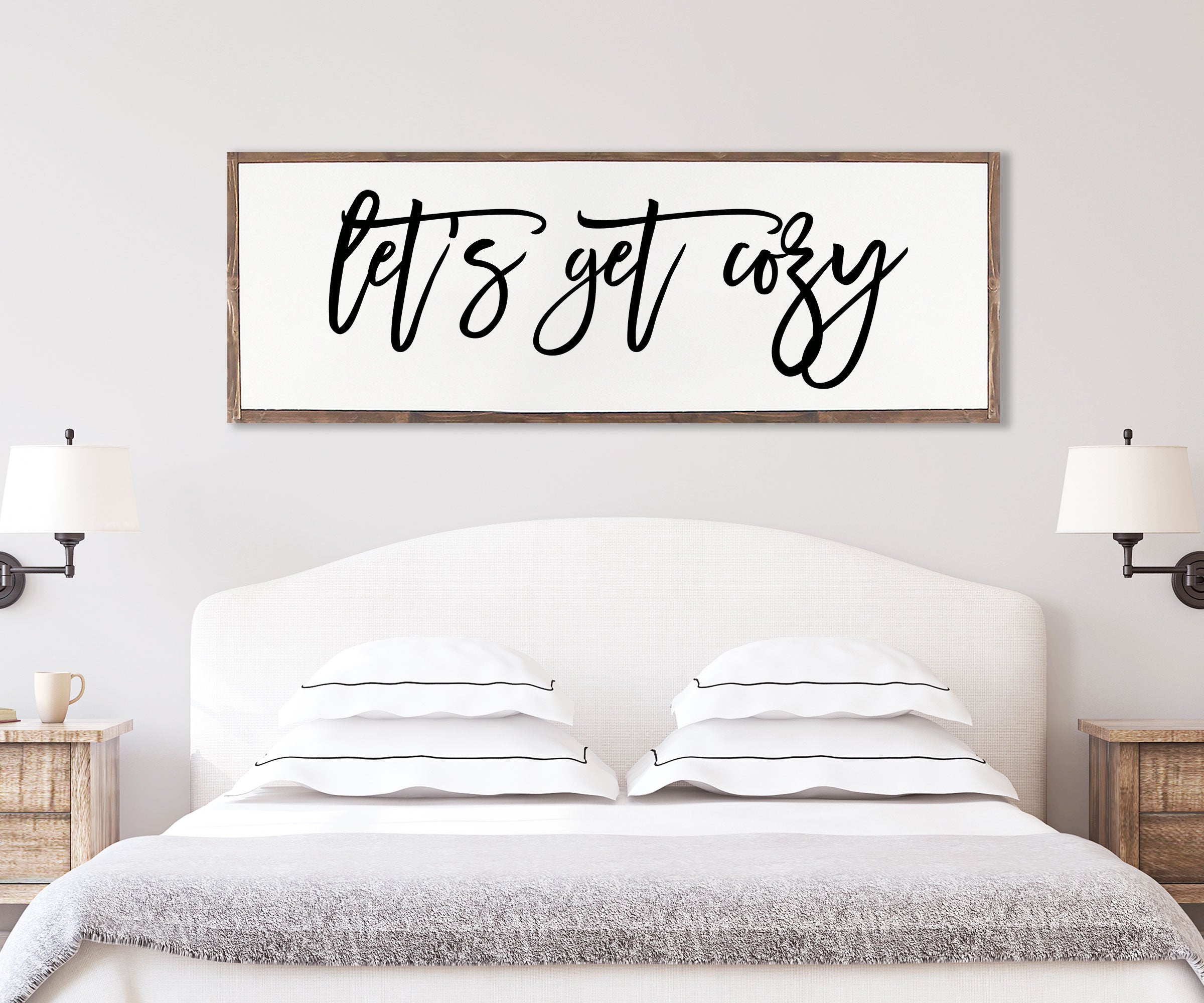 Rustic handmade wood sign with the phrase 'Let's Get Cozy', featuring unique wood grain and customizable frame options.