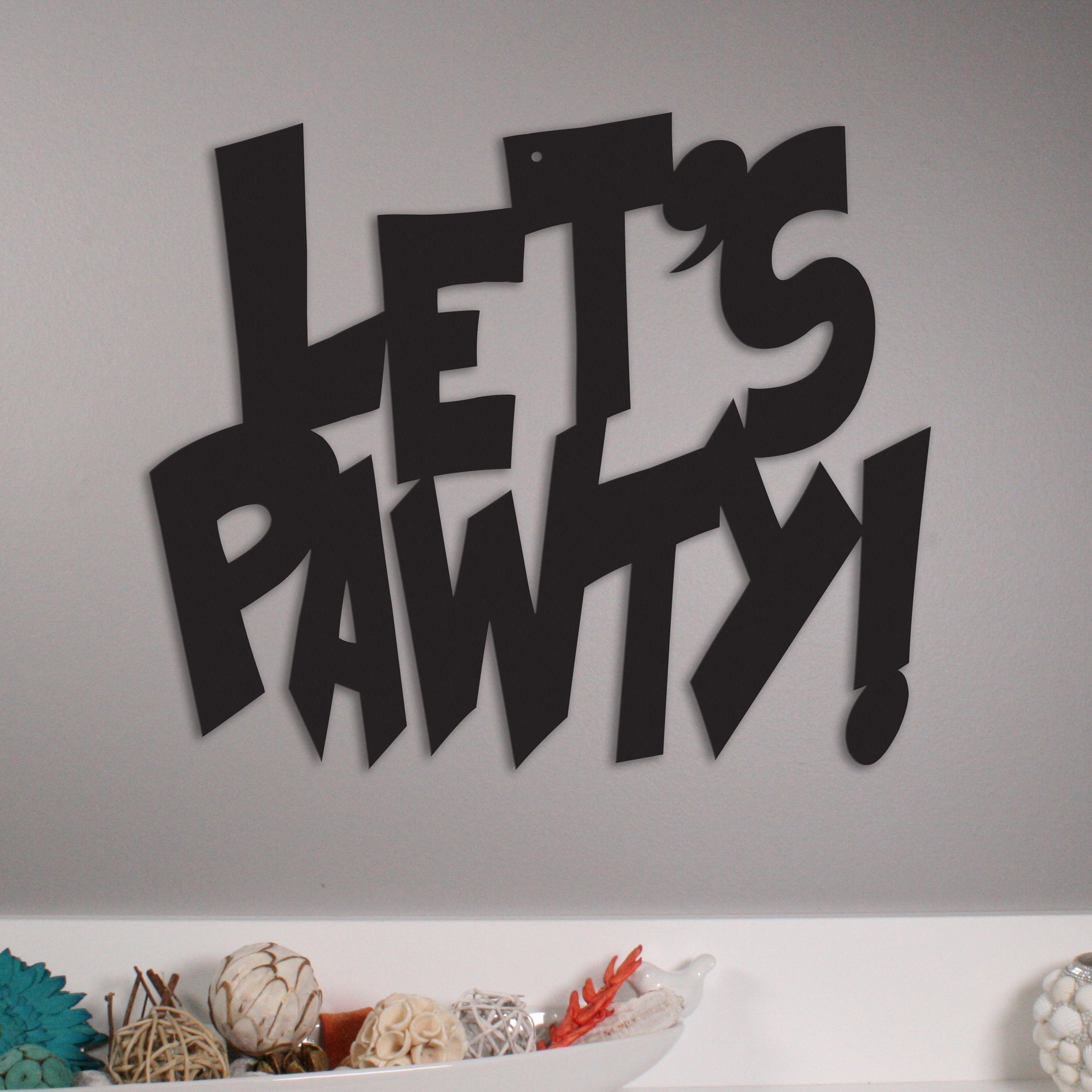 Let's Pawty! metal wall art featuring playful design, made from high-quality steel, suitable for indoor and outdoor use.