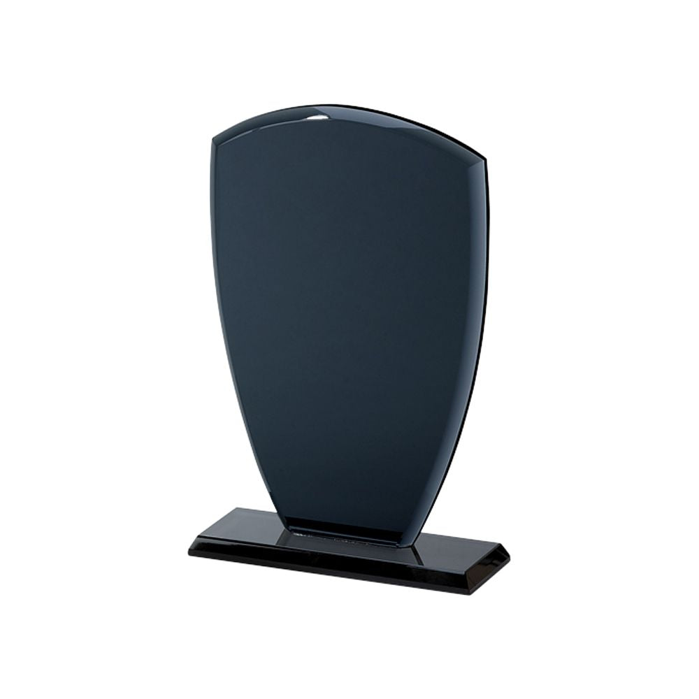 8.5-inch LG Smoked Shield Trophy with deep grey smoke glass design, elegantly shaped for awards and recognition.