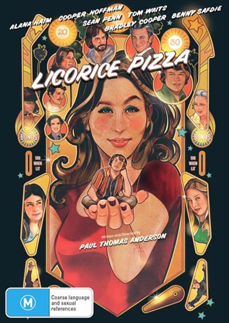 Licorice Pizza DVD cover featuring Alana Kane and Gary Valentine in a nostalgic 1973 setting.