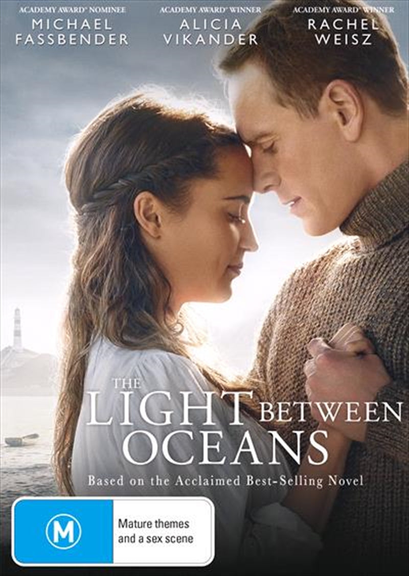 DVD cover of 'Light Between Oceans' featuring Michael Fassbender and Alicia Vikander, showcasing a lighthouse and ocean backdrop.