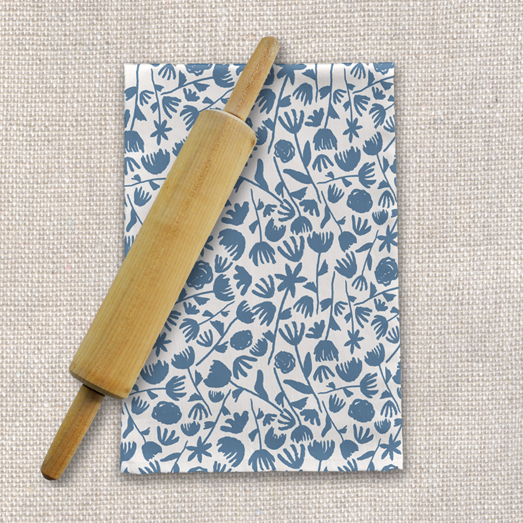 Light Blue Ink Floral Tea Towel featuring a delicate floral pattern on soft cotton twill fabric, perfect for kitchen use.