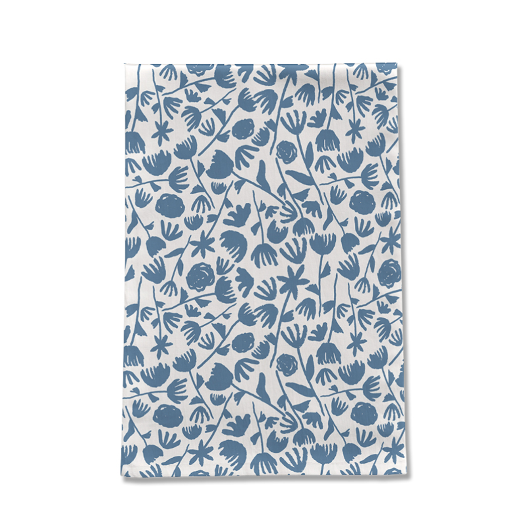 Light Blue Ink Floral Tea Towel featuring a delicate floral pattern on soft cotton twill fabric, perfect for kitchen use.