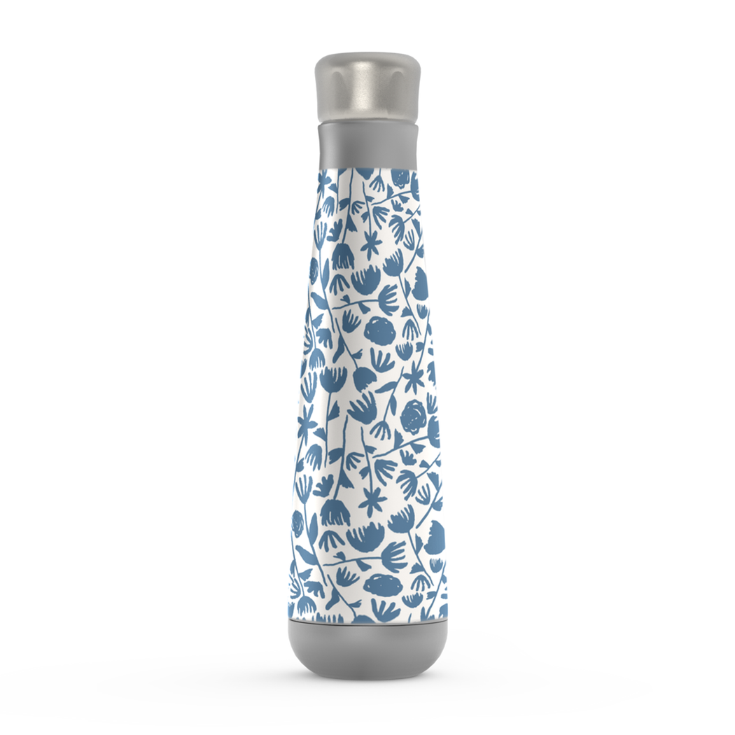 Light Blue Ink Floral Water Bottle with stainless steel finish and floral design, perfect for hydration on the go.