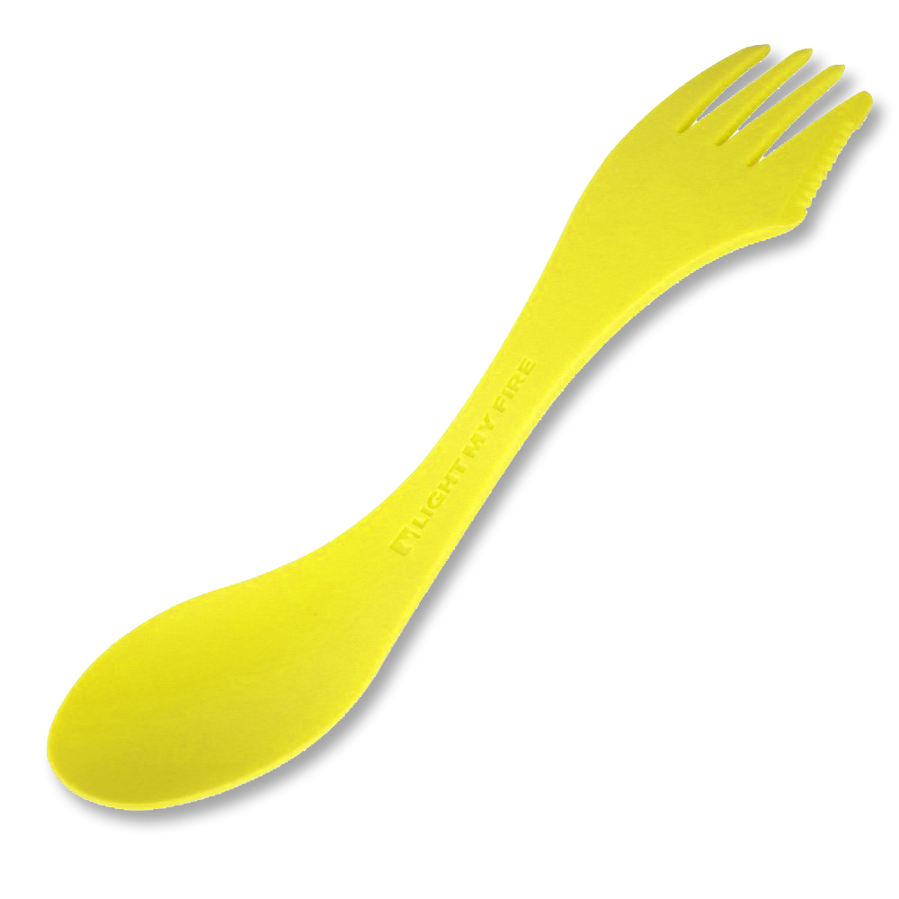 Light My Fire Original Spork in vibrant colors, showcasing its spoon, fork, and knife features, ideal for outdoor dining.