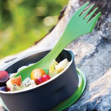 Light My Fire Original Spork in vibrant colors, showcasing its spoon, fork, and knife features, ideal for outdoor dining.