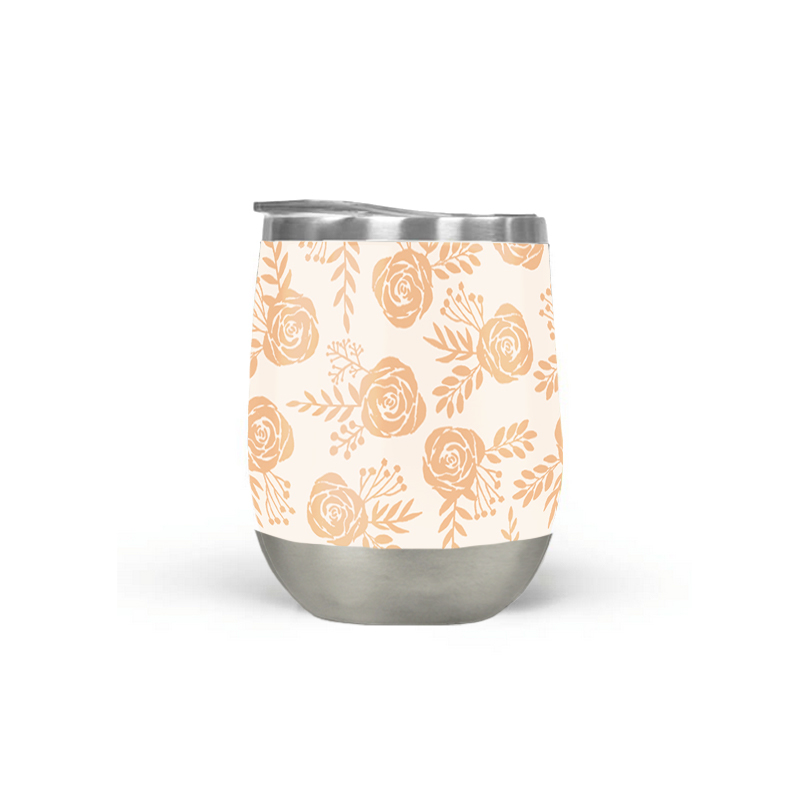 Light orange floral wine tumbler with double-wall insulation, perfect for outdoor use.