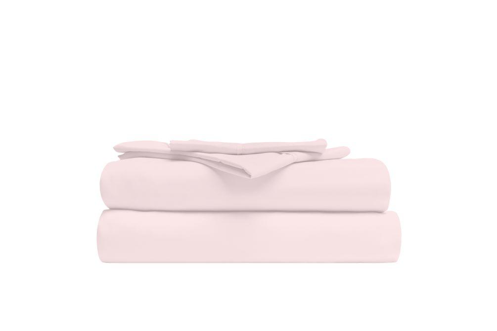 Light Pink sheets set featuring a fitted sheet, flat sheet, and pillowcases, showcasing soft brushed fabric and elegant design.